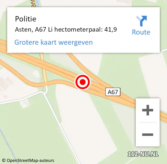 Locatie op kaart van de 112 melding: Politie Asten, A67 Li hectometerpaal: 42,6 op 12 november 2016 18:20