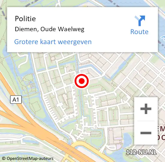 Locatie op kaart van de 112 melding: Politie Diemen, Oude Waelweg op 13 november 2016 01:42