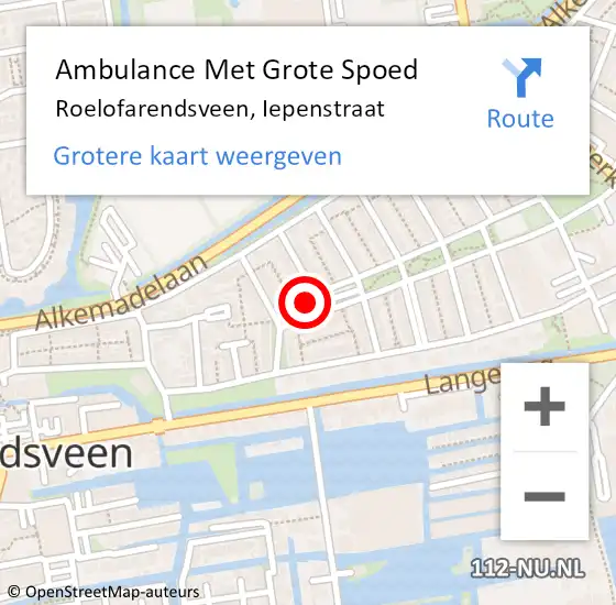 Locatie op kaart van de 112 melding: Ambulance Met Grote Spoed Naar Roelofarendsveen, Iepenstraat op 14 november 2016 05:03