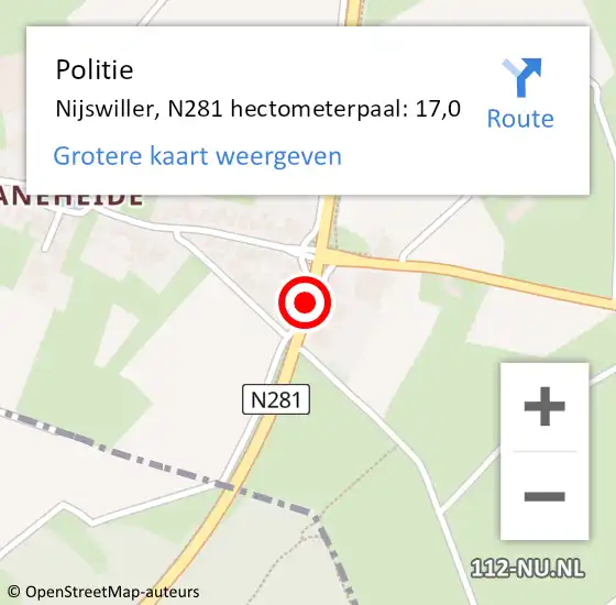 Locatie op kaart van de 112 melding: Politie Nijswiller, N281 hectometerpaal: 17,0 op 15 november 2016 12:48