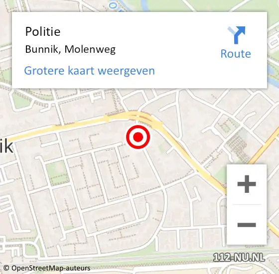 Locatie op kaart van de 112 melding: Politie Bunnik, Molenweg op 16 november 2016 09:01