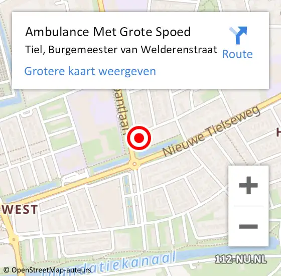 Locatie op kaart van de 112 melding: Ambulance Met Grote Spoed Naar Tiel, Burgemeester van Welderenstraat op 16 november 2016 20:18