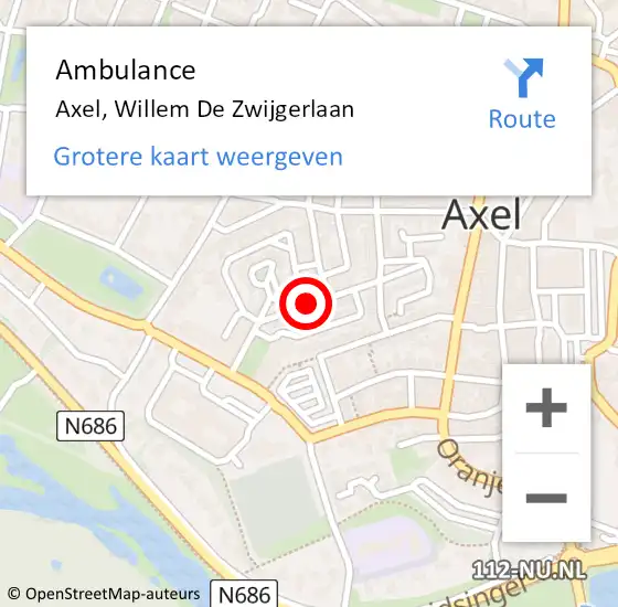 Locatie op kaart van de 112 melding: Ambulance Axel, Willem De Zwijgerlaan op 17 november 2016 21:56