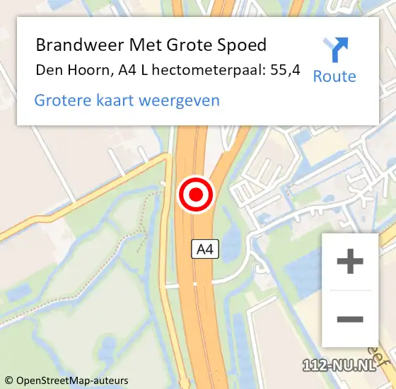 Locatie op kaart van de 112 melding: Brandweer Met Grote Spoed Naar Den Hoorn, A4 L hectometerpaal: 55,4 op 18 november 2016 23:48