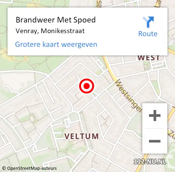 Locatie op kaart van de 112 melding: Brandweer Met Spoed Naar Venray, Monikesstraat op 20 november 2016 11:24