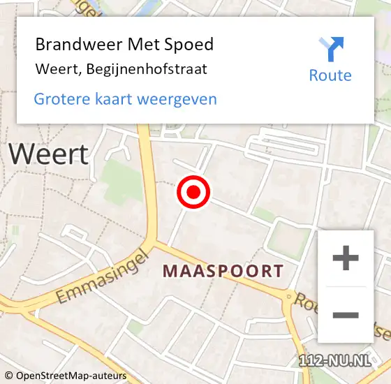 Locatie op kaart van de 112 melding: Brandweer Met Spoed Naar Weert, Begijnenhofstraat op 20 november 2016 16:05