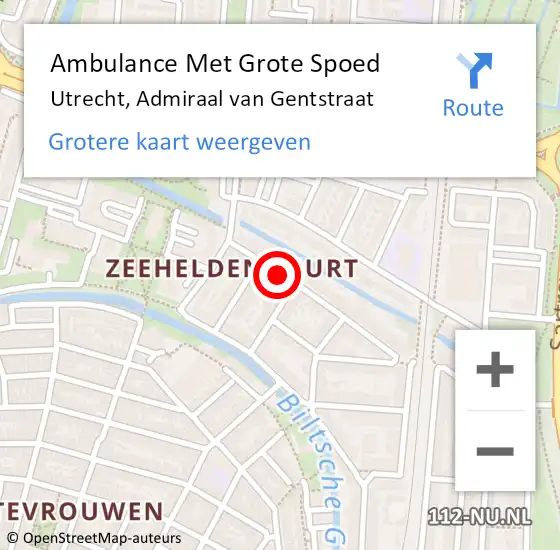 Locatie op kaart van de 112 melding: Ambulance Met Grote Spoed Naar Utrecht, Admiraal van Gentstraat op 20 november 2016 16:43