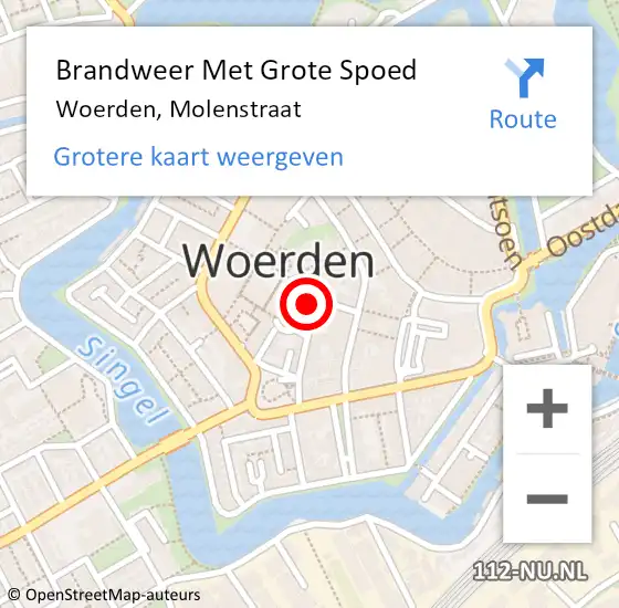 Locatie op kaart van de 112 melding: Brandweer Met Grote Spoed Naar Woerden, Molenstraat op 21 november 2016 22:22