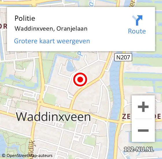 Locatie op kaart van de 112 melding: Politie Waddinxveen, Oranjelaan op 22 november 2016 11:39