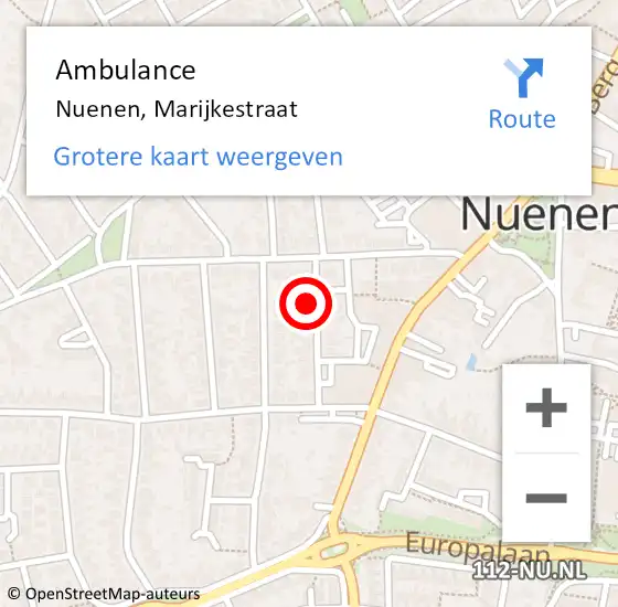 Locatie op kaart van de 112 melding: Ambulance Nuenen, Marijkestraat op 22 november 2016 13:08