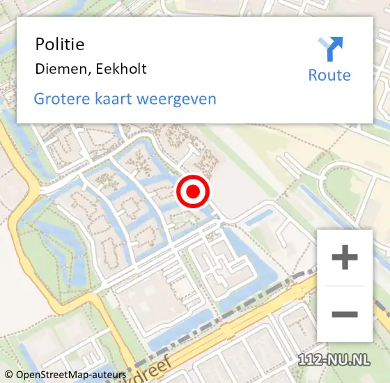 Locatie op kaart van de 112 melding: Politie Diemen, Eekholt op 23 november 2016 06:58