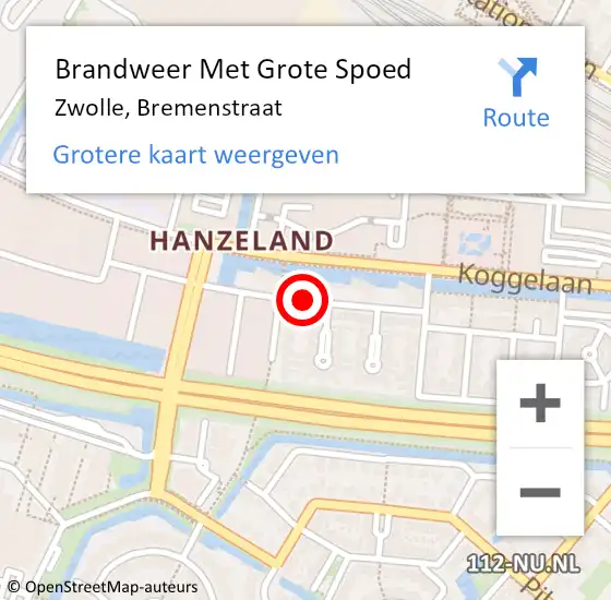 Locatie op kaart van de 112 melding: Brandweer Met Grote Spoed Naar Zwolle, Bremenstraat op 23 november 2016 10:01