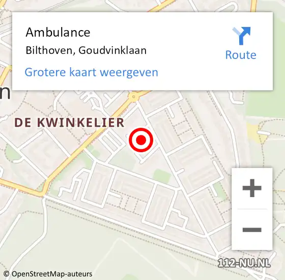 Locatie op kaart van de 112 melding: Ambulance Bilthoven, Goudvinklaan op 23 november 2016 15:33