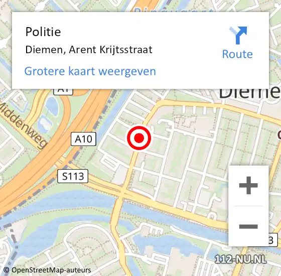 Locatie op kaart van de 112 melding: Politie Diemen, Arent Krijtsstraat op 25 november 2016 12:08