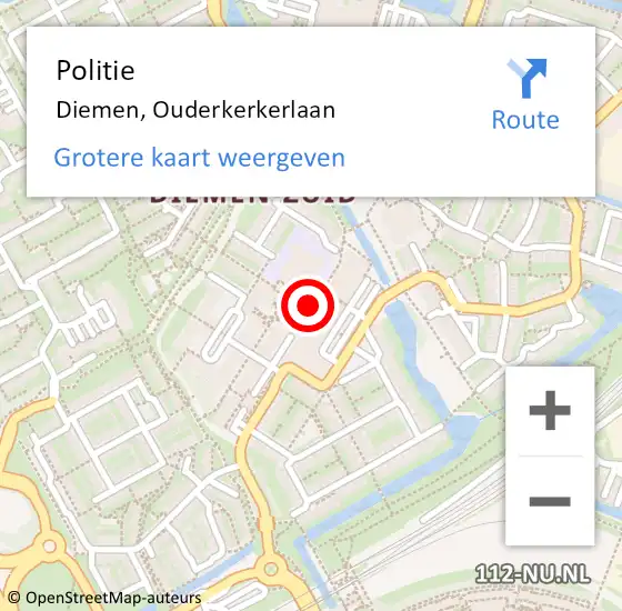 Locatie op kaart van de 112 melding: Politie Diemen, Ouderkerkerlaan op 26 november 2016 01:08