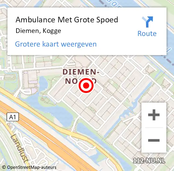 Locatie op kaart van de 112 melding: Ambulance Met Grote Spoed Naar Diemen, Kogge op 26 november 2016 03:19