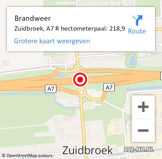 Locatie op kaart van de 112 melding: Brandweer Zuidbroek, A7 R hectometerpaal: 218,9 op 27 november 2016 06:12