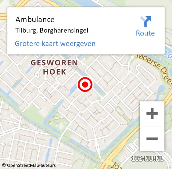 Locatie op kaart van de 112 melding: Ambulance Tilburg, Borgharensingel op 28 november 2016 11:46