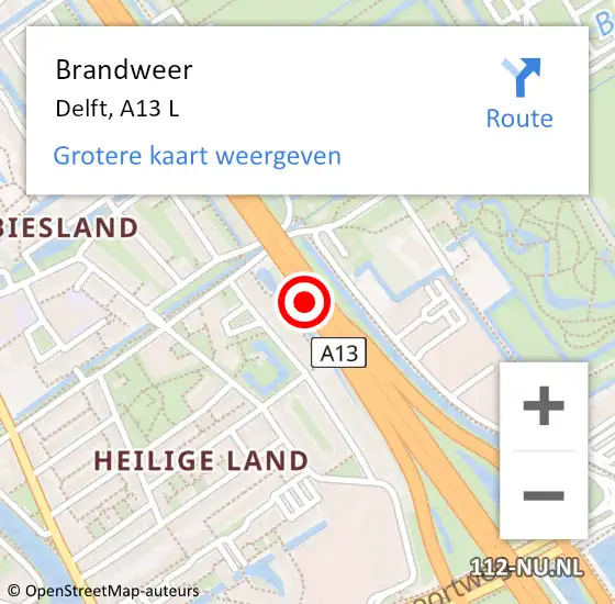 Locatie op kaart van de 112 melding: Brandweer Delft, A13 L op 29 november 2016 09:29