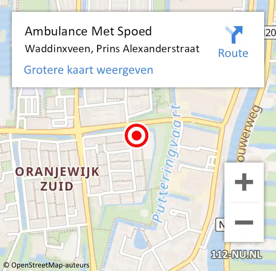 Locatie op kaart van de 112 melding: Ambulance Met Spoed Naar Waddinxveen, Prins Alexanderstraat op 30 november 2016 05:11