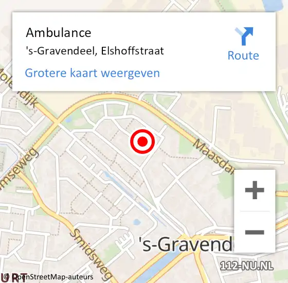 Locatie op kaart van de 112 melding: Ambulance 's-Gravendeel, Elshoffstraat op 1 december 2016 15:03