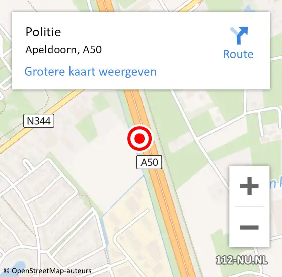 Locatie op kaart van de 112 melding: Politie Apeldoorn, A50 op 4 december 2016 16:27