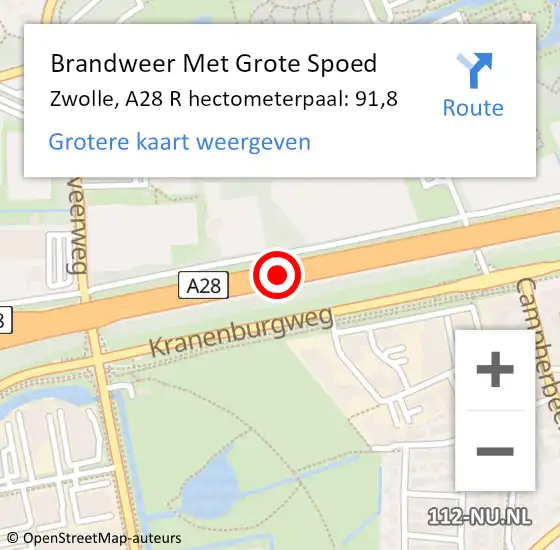 Locatie op kaart van de 112 melding: Brandweer Met Grote Spoed Naar Zwolle, A28 R hectometerpaal: 91,8 op 5 december 2016 13:19