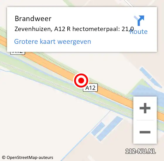 Locatie op kaart van de 112 melding: Brandweer Zevenhuizen, A12 R hectometerpaal: 19,6 op 5 december 2016 14:44