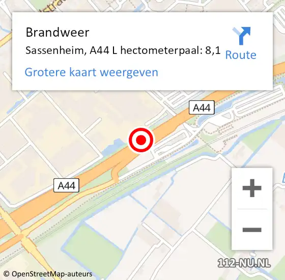 Locatie op kaart van de 112 melding: Brandweer Sassenheim, A44 L hectometerpaal: 8,1 op 5 december 2016 15:19