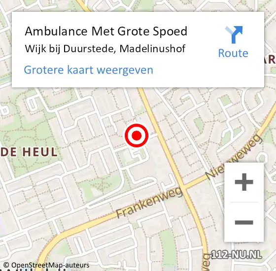 Locatie op kaart van de 112 melding: Ambulance Met Grote Spoed Naar Wijk bij Duurstede, Madelinushof op 6 december 2016 17:40