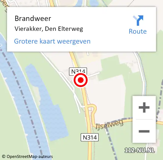 Locatie op kaart van de 112 melding: Brandweer Vierakker, Den Elterweg op 7 december 2016 07:54