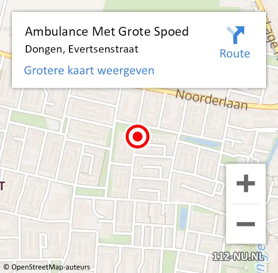 Locatie op kaart van de 112 melding: Ambulance Met Grote Spoed Naar Dongen, Evertsenstraat op 8 december 2016 04:12