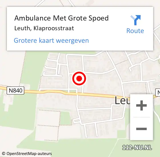 Locatie op kaart van de 112 melding: Ambulance Met Grote Spoed Naar Leuth, Klaproosstraat op 8 december 2016 09:03