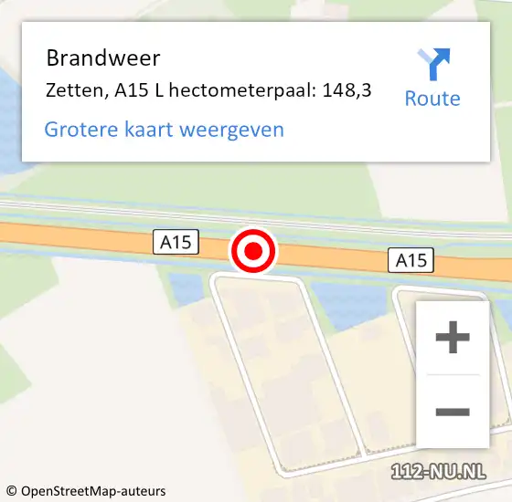 Locatie op kaart van de 112 melding: Brandweer Zetten, A15 L hectometerpaal: 148,3 op 8 december 2016 10:54