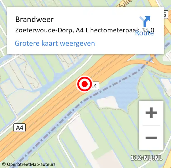 Locatie op kaart van de 112 melding: Brandweer Zoeterwoude-Dorp, A4 L hectometerpaal: 35,0 op 8 december 2016 13:40