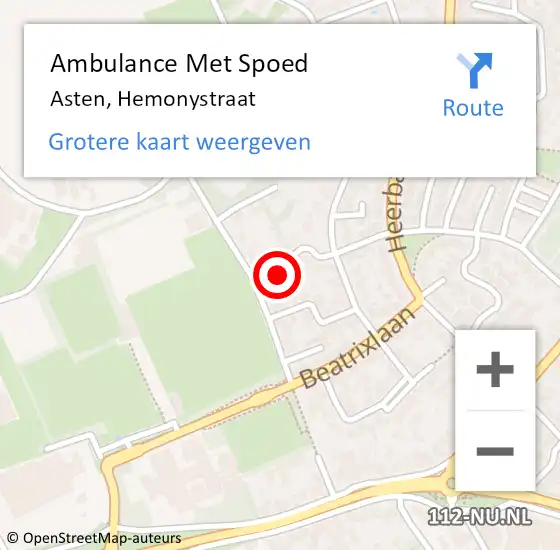 Locatie op kaart van de 112 melding: Ambulance Met Spoed Naar Asten, Hemonystraat op 8 december 2016 15:34