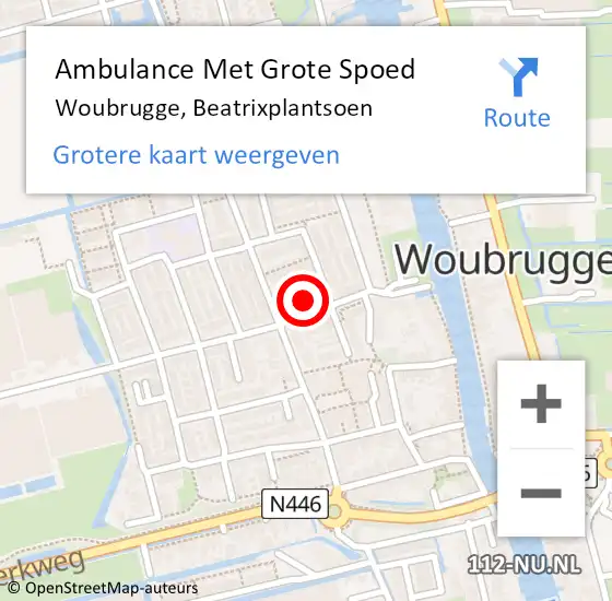 Locatie op kaart van de 112 melding: Ambulance Met Grote Spoed Naar Woubrugge, Beatrixplantsoen op 9 december 2016 13:53