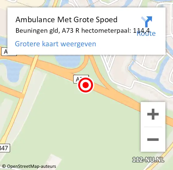 Locatie op kaart van de 112 melding: Ambulance Met Grote Spoed Naar Beuningen gld, A73 R hectometerpaal: 112,0 op 9 december 2016 17:34