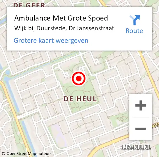 Locatie op kaart van de 112 melding: Ambulance Met Grote Spoed Naar Wijk bij Duurstede, Dr Janssenstraat op 10 december 2016 00:49