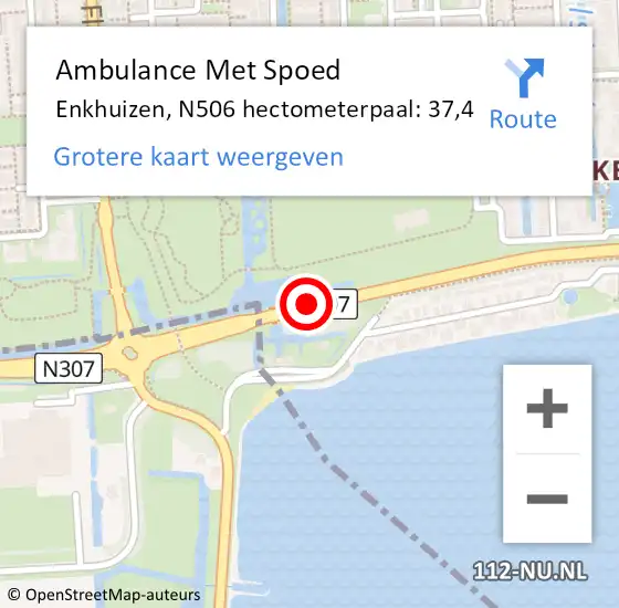 Locatie op kaart van de 112 melding: Ambulance Met Spoed Naar Enkhuizen, N506 hectometerpaal: 37,4 op 10 december 2016 04:44