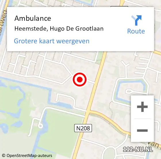 Locatie op kaart van de 112 melding: Ambulance Heemstede, Hugo De Grootlaan op 11 december 2016 14:39