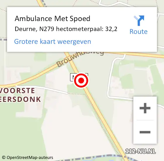 Locatie op kaart van de 112 melding: Ambulance Met Spoed Naar Deurne, N279 hectometerpaal: 32,2 op 12 december 2016 11:49