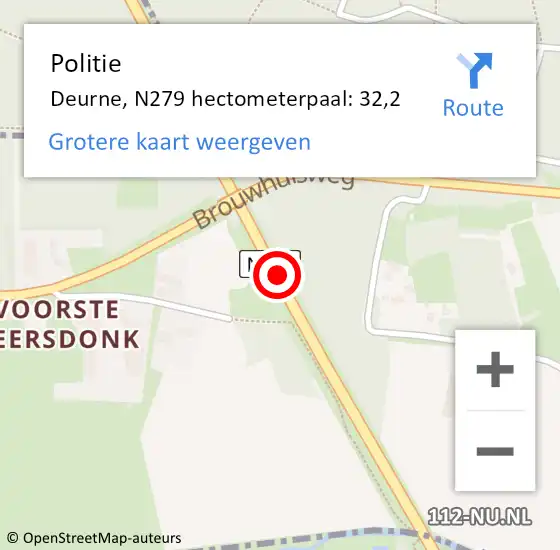 Locatie op kaart van de 112 melding: Politie Deurne, N279 hectometerpaal: 32,2 op 12 december 2016 11:51