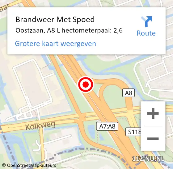 Locatie op kaart van de 112 melding: Brandweer Met Spoed Naar Oostzaan, A8 L hectometerpaal: 2,6 op 12 december 2016 13:09