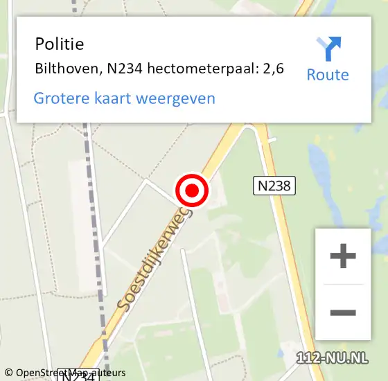 Locatie op kaart van de 112 melding: Politie Bilthoven, N234 hectometerpaal: 2,5 op 12 december 2016 14:41