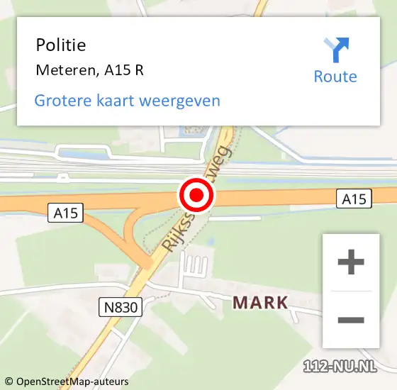 Locatie op kaart van de 112 melding: Politie Meteren, A15 R op 12 december 2016 16:33