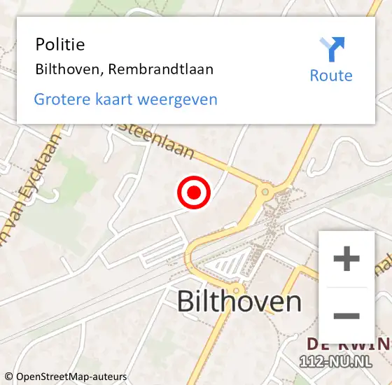 Locatie op kaart van de 112 melding: Politie Bilthoven, Rembrandtlaan op 12 december 2016 21:14