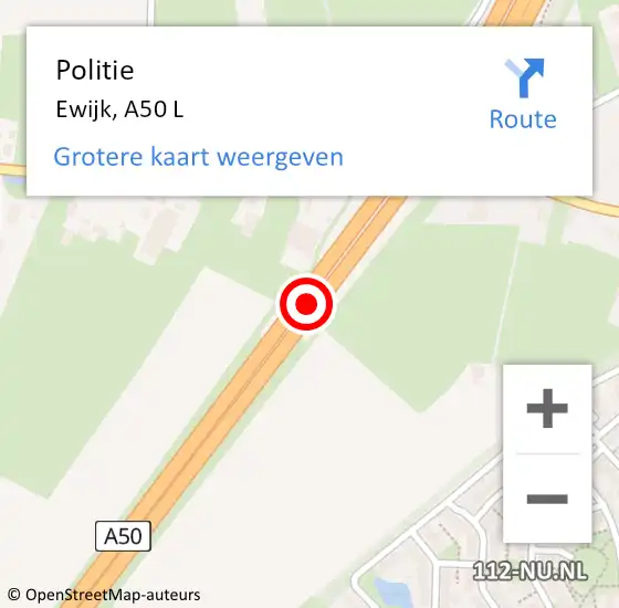 Locatie op kaart van de 112 melding: Politie Ewijk, A50 L op 13 december 2016 07:43