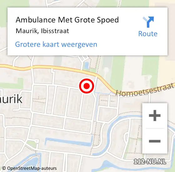 Locatie op kaart van de 112 melding: Ambulance Met Grote Spoed Naar Maurik, Ibisstraat op 13 december 2016 08:12