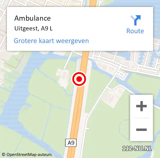 Locatie op kaart van de 112 melding: Ambulance Uitgeest, A9 L op 13 december 2016 08:40